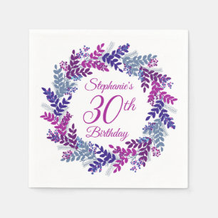 Elegant Pink Purple Wreath 30th Birthday Napkin