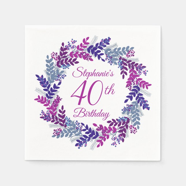 Elegant Pink Purple Wreath 40th Birthday Napkin (Front)
