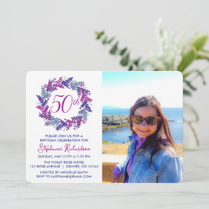 Elegant Pink Purple Wreath 50th Birthday Party Invitation