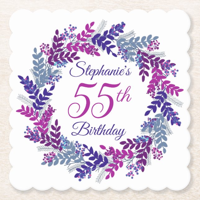 Elegant Pink Purple Wreath 55th Birthday Paper Coaster (Front)