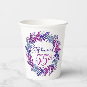Elegant Pink Purple Wreath 55th Birthday Party Paper Cups