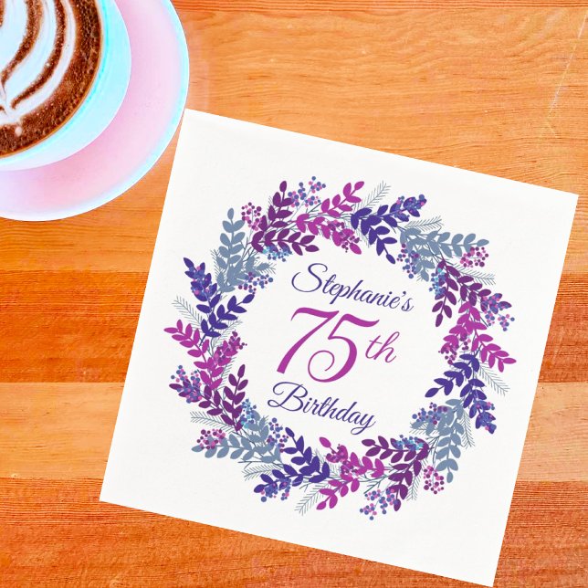 Elegant Pink Purple Wreath 75th Birthday Napkin (Creator Uploaded)