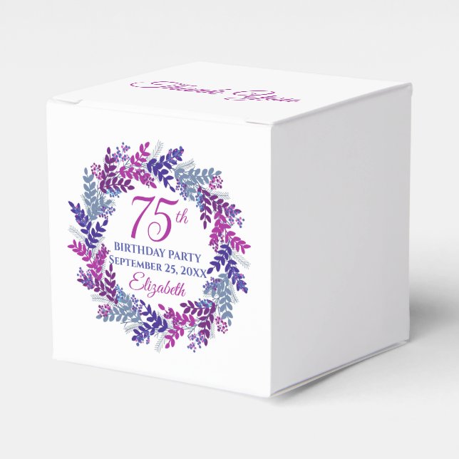 Elegant Pink Purple Wreath 75th Birthday Party Favour Box (Front Side)