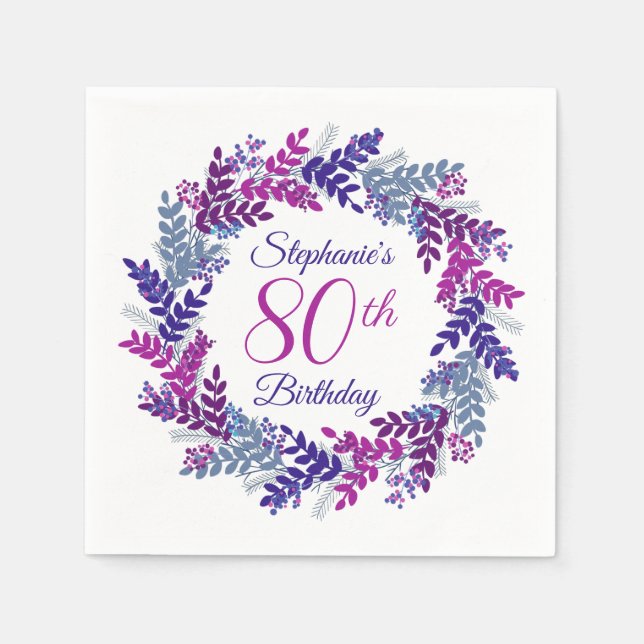 Elegant Pink Purple Wreath 80th Birthday Napkin (Front)