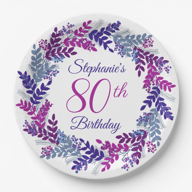 Elegant Pink Purple Wreath 80th Birthday Paper Plate (Front)
