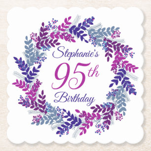 Elegant Pink Purple Wreath 95th Birthday Paper Coaster
