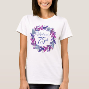 Elegant Pink Purple Wreath Monogram 75th Birthday T-Shirt