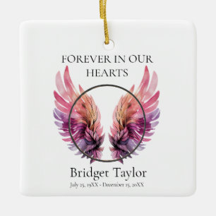 Elegant Pink & Purples Angel Wings Photo Memorial Ceramic Ornament