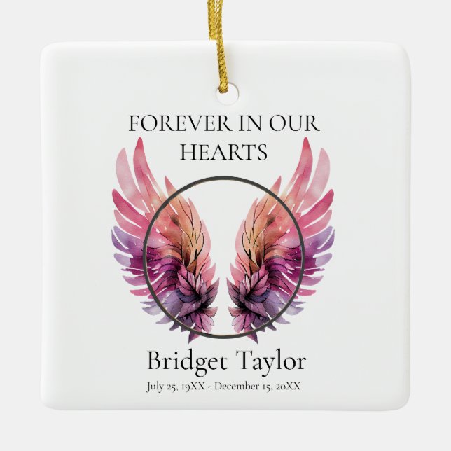 Elegant Pink & Purples Angel Wings Photo Memorial Ceramic Ornament (Front)