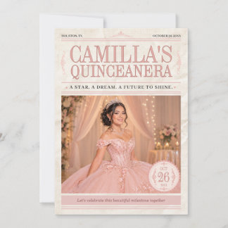 Elegant Pink Quinceanera Photo Newspaper Invitation