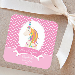 Elegant Pink Rainbow Unicorn Birthday Thank You Square Sticker