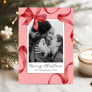 Elegant Pink Red Bow Photo Christmas Holiday Card