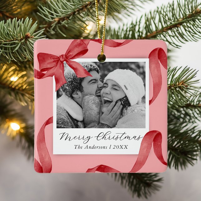 Elegant Pink Red Bow Photo Holiday Ceramic Ornament (Creator Uploaded)