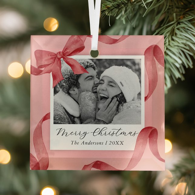 Elegant Pink Red Bow Photo Holiday Glass Tree Decoration (Creator Uploaded)