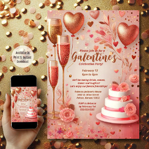 Elegant Pink Red Champagne Galentine's Day Party Invitation