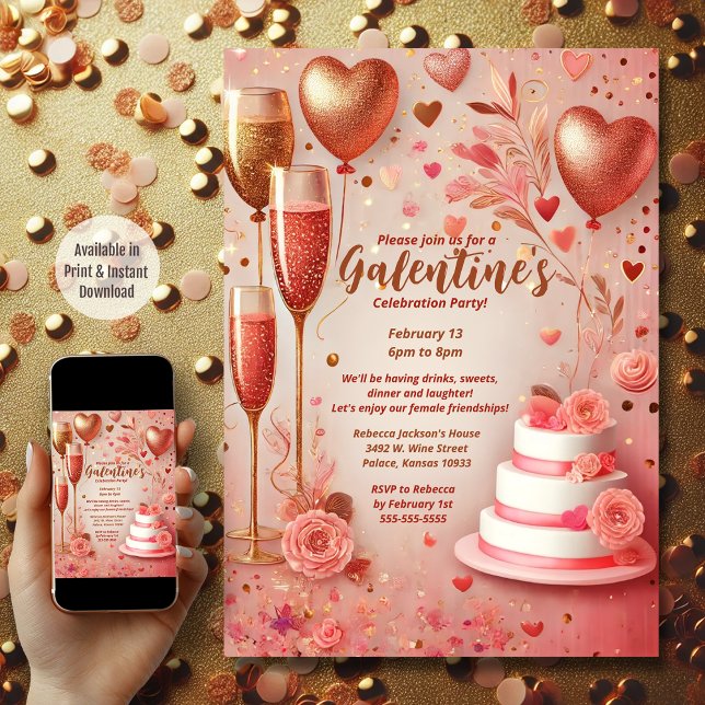 Elegant Pink Red Champagne Galentine's Day Party Invitation (Galentine's Day)