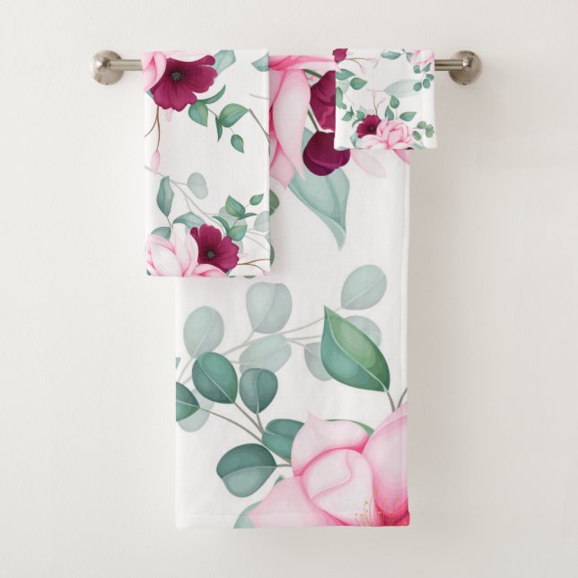 Elegant Pink red chic floral  Bath Towel Set (Insitu)