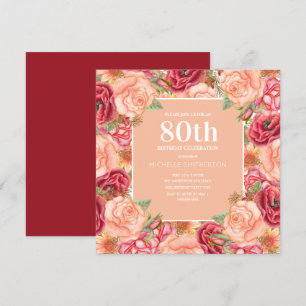 Elegant Pink Red Floral 80th Birthday Party Women Invitation