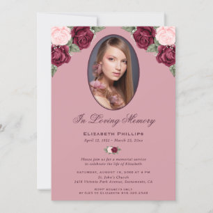 Elegant Pink Red Floral Photo Memorial Service Invitation