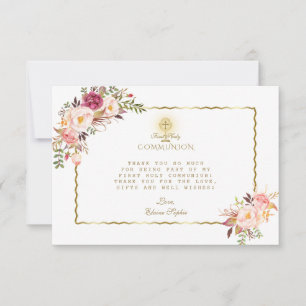 Elegant Pink Red Flowers Gold First Holy Communion Thank You Card