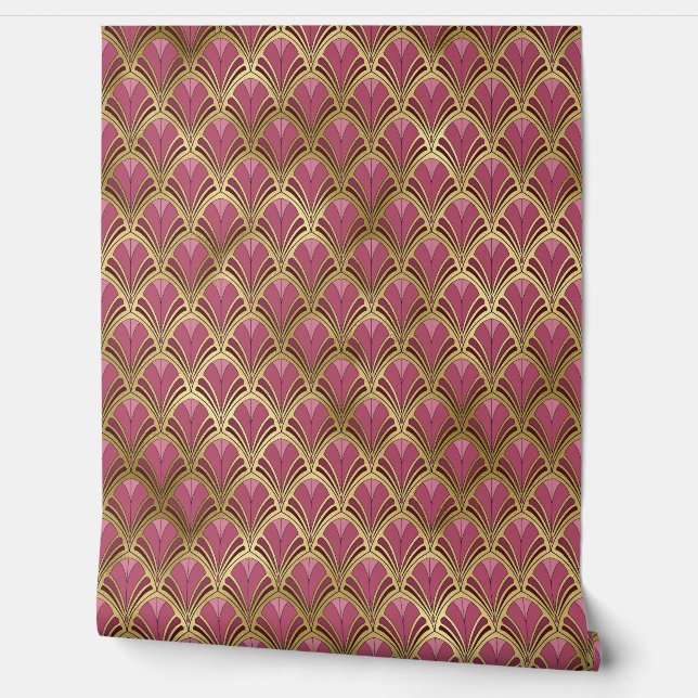 Elegant Pink Red Gold Art Deco Wallpaper (Unrolling)