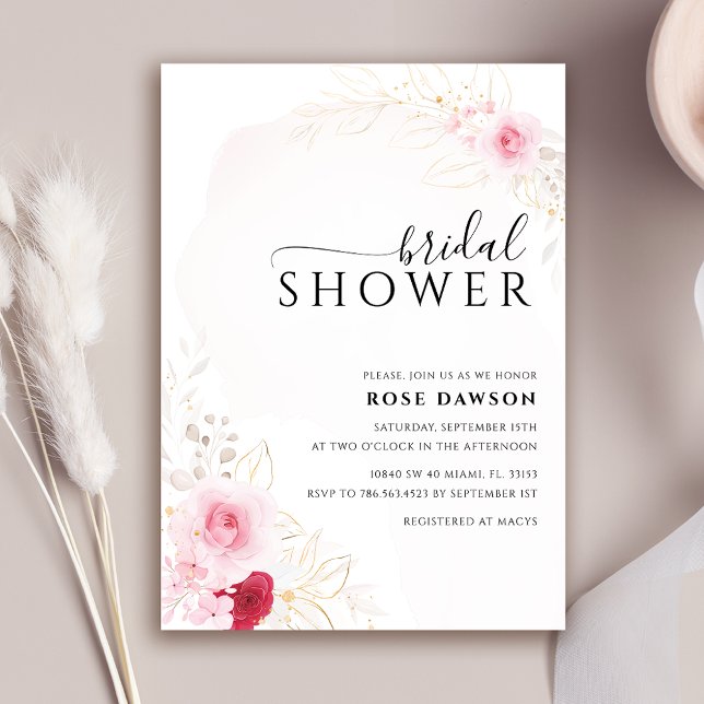 Elegant Pink Red & Gold Floral Bridal Shower Invitation (Creator Uploaded)