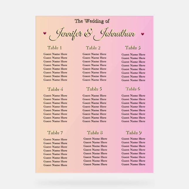 Elegant Pink Red Hearts Wedding Seating Chart (Front)
