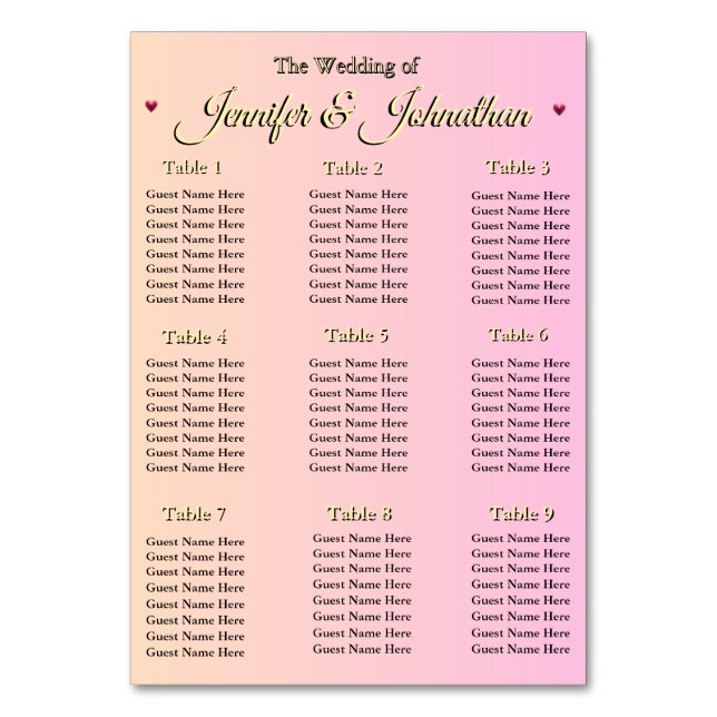 Elegant Pink Red Hearts Wedding Seating Chart Table Number (Front)