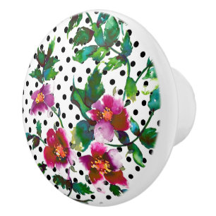 Elegant pink red magenta watercolor roses polkadot ceramic knob