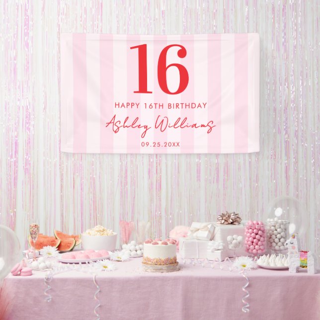 Elegant Pink Red Modern 16th Birthday Banner (Party)