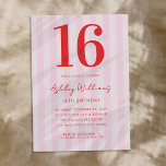 Elegant Pink Red Modern 16th Birthday Invitation<br><div class="desc">Create your own personalised 16th birthday invitations featuring modern typography and striped pink pattern background</div>