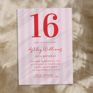 Elegant Pink Red Modern 16th Birthday Invitation