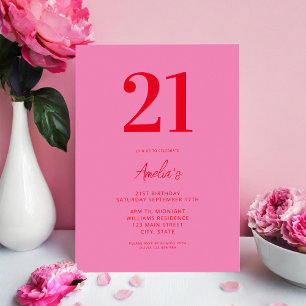 Elegant Pink Red Modern 21st Birthday Invitation