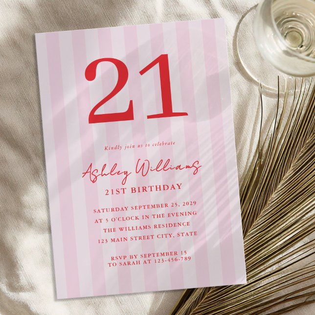 Elegant Pink Red Modern 21st Birthday Invitation (Creator Uploaded)