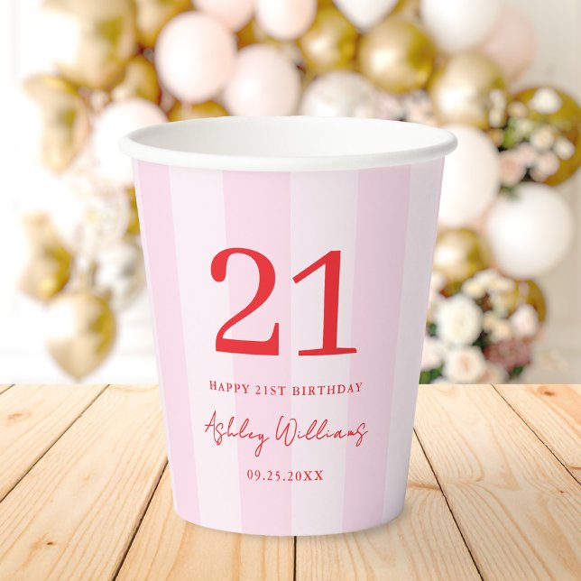 Elegant Pink Red Modern 21st Birthday Paper Cups (Creator Uploaded)