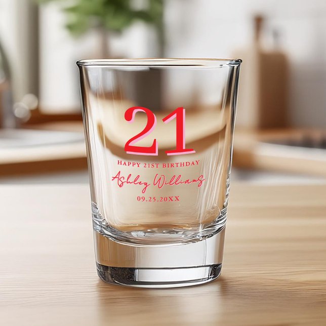 Elegant Pink Red Modern 21st Birthday Shot Glass (Creator Uploaded)