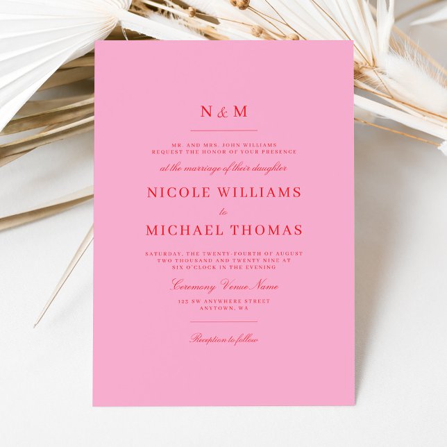 Elegant Pink Red Monogram Classic Wedding Invitation (Creator Uploaded)