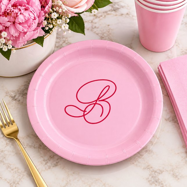 Elegant Pink & Red Monogram Script Name  Paper Plate (Creator Uploaded)