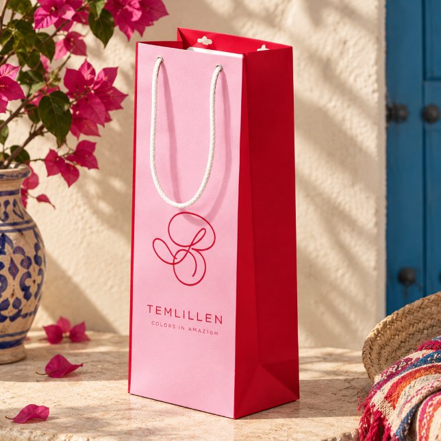 Elegant Pink & Red Monogram Script Name  Wine Gift Bag (Creator Uploaded)