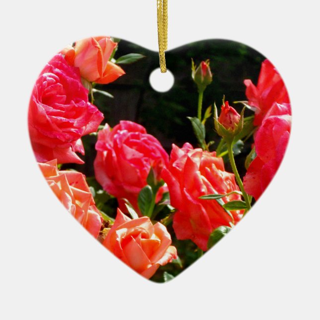 Elegant pink red orange floral roses ceramic ornament (Front)
