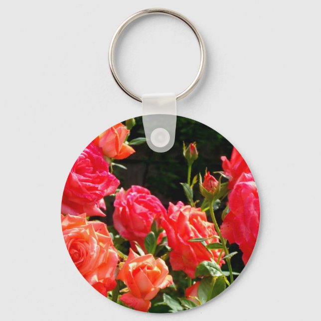 Elegant pink red orange floral roses key ring (Front)