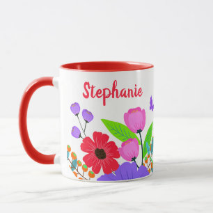 Elegant Pink Red Purple Flowers And Butterfly Mug