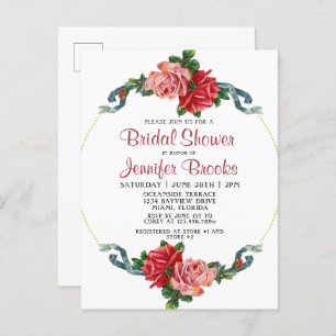 Elegant Pink & Red Rose Floral Bridal Shower Invitation Postcard