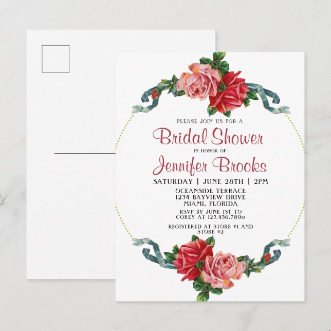 Elegant Pink & Red Rose Floral Bridal Shower Invitation Postcard (Front/Back)