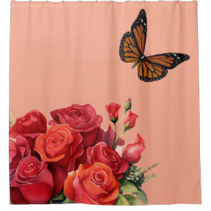 Elegant Pink Red Roses & Butterfly Shower Curtain
