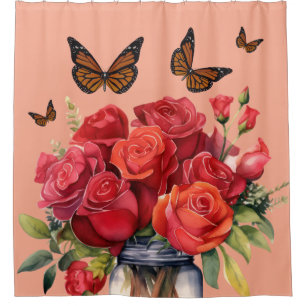 Elegant Pink Red Roses & Butterfly Shower Curtain