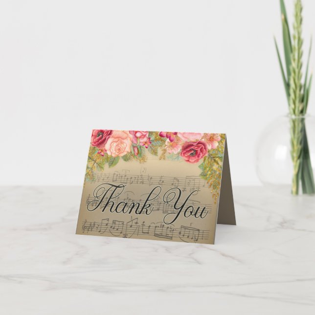 Elegant Pink Red Roses Music Piano Teacher Thank You Card (Front)