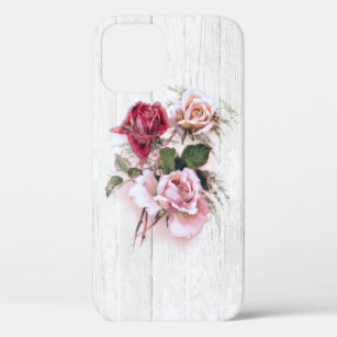 Elegant Pink & Red Roses on Whitewashed Wood iPhone 12 Pro Case