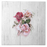 Elegant Pink & Red Roses on Whitewashed Wood Ceramic Tile<br><div class="desc">Simple and elegant spray of vintage pink, red and blush roses, foliage and asparagus ferns on subtle rustic whitewashed wood background. Room for your name or monogram.</div>