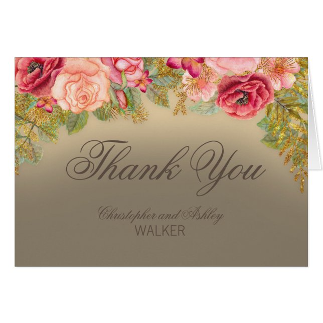 Elegant Pink Red Roses Wedding Thank You (Front Horizontal)